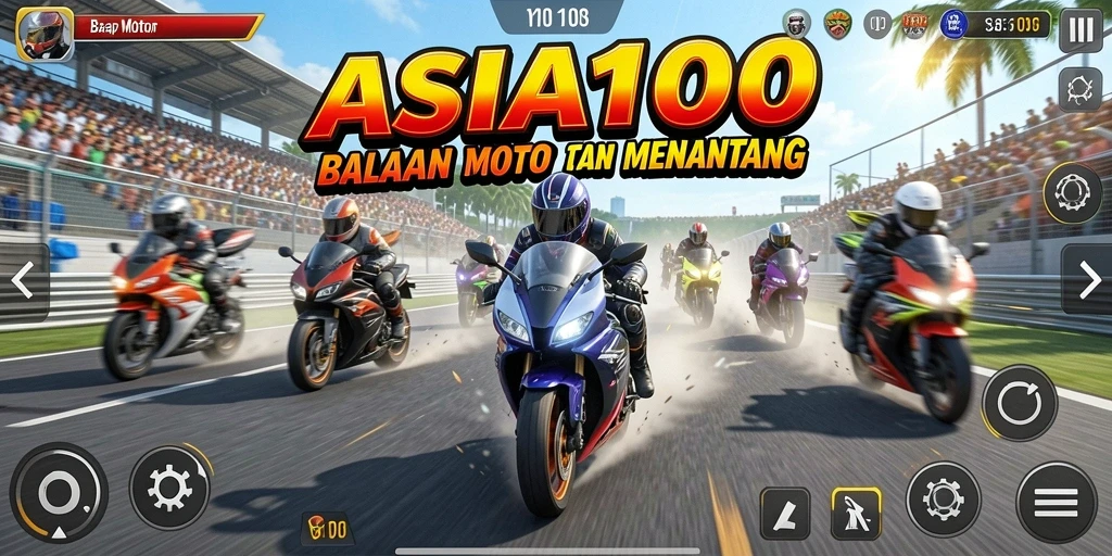 Tampilan antarmuka ASIA100 saat balapan motor yang intens.