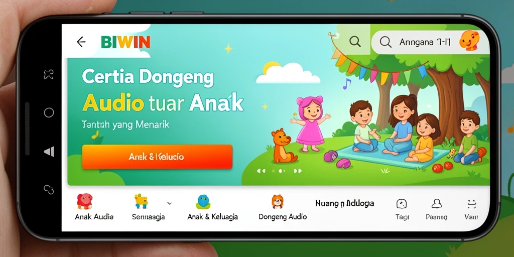 Tampilan antarmuka BIWIN yang ramah anak saat memilih dongeng audio.